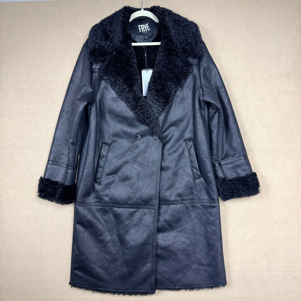 Frye Womens Black Faux Leather Shearling Trim Longline Coat NWT Size L